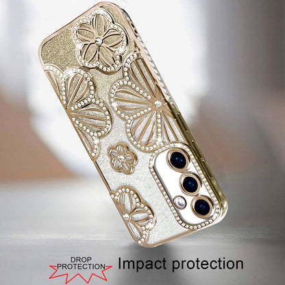 For Samsung Galaxy A16 5G Luxury Flower Design Sparkle Glitter Diamond Rhinestone Shimmer Bling Plating Thick TPU Hard PC Case Cover Gold