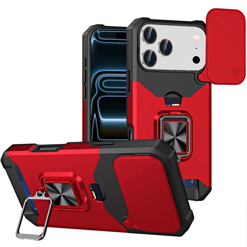 For Apple iPhone 17 Pro (6.3") Wallet Case with Ring Stand & Slide Camera Cover Back Credit Card Slot Holder, Military Grade Case Cover