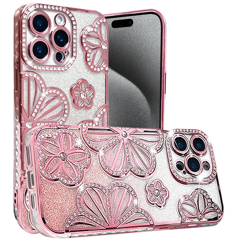 For Apple iPhone 15 Pro Max Luxury Flower Design Sparkle Glitter Diamond Rhinestone Shimmer Bling Plating Thick TPU Hard PC Case Cover