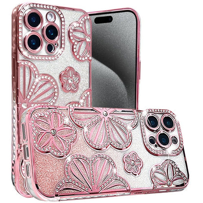 For Apple iPhone 15 Pro Max Luxury Flower Design Sparkle Glitter Diamond Rhinestone Shimmer Bling Plating Thick TPU Hard PC Case Cover