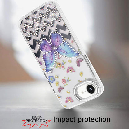For Apple iPhone 17E /16E Butterfly Resin Epoxy Diamond Design Metal Edged Hybrid Shockproof Heavy Duty Drop Protection Case Cover