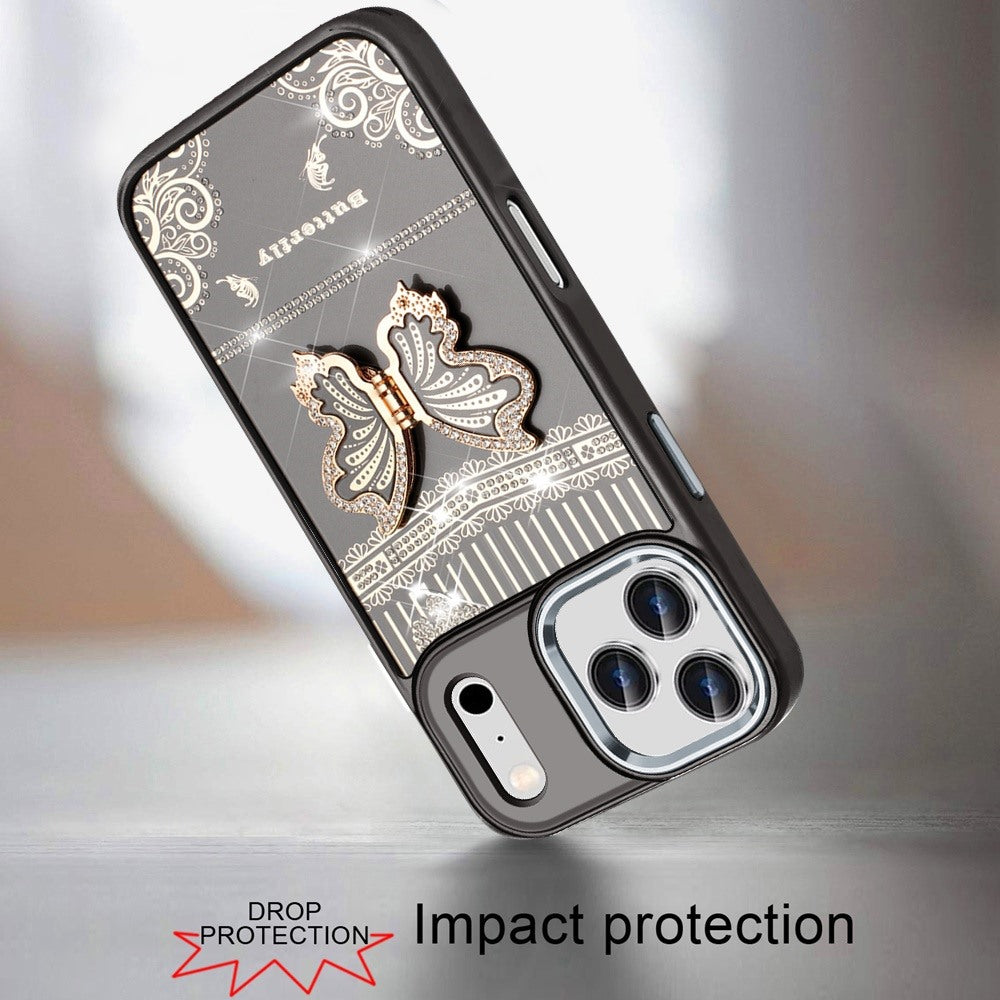 Phone Case for Apple iPhone 18 Pro Max Glitter Bling Butterfly Stand Metallic Edge Hybrid Shockproof Grip Durable Camera Protection Stylish Design Cover