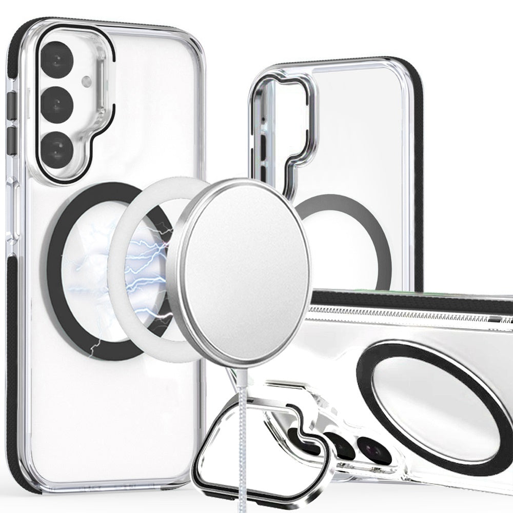 For Samsung Galaxy A17 5G Hybrid Clear Back Case with Invisible Camera Bracket Stand, MagSafe Magnetic Circle, Shockproof Color Frame Case Cover