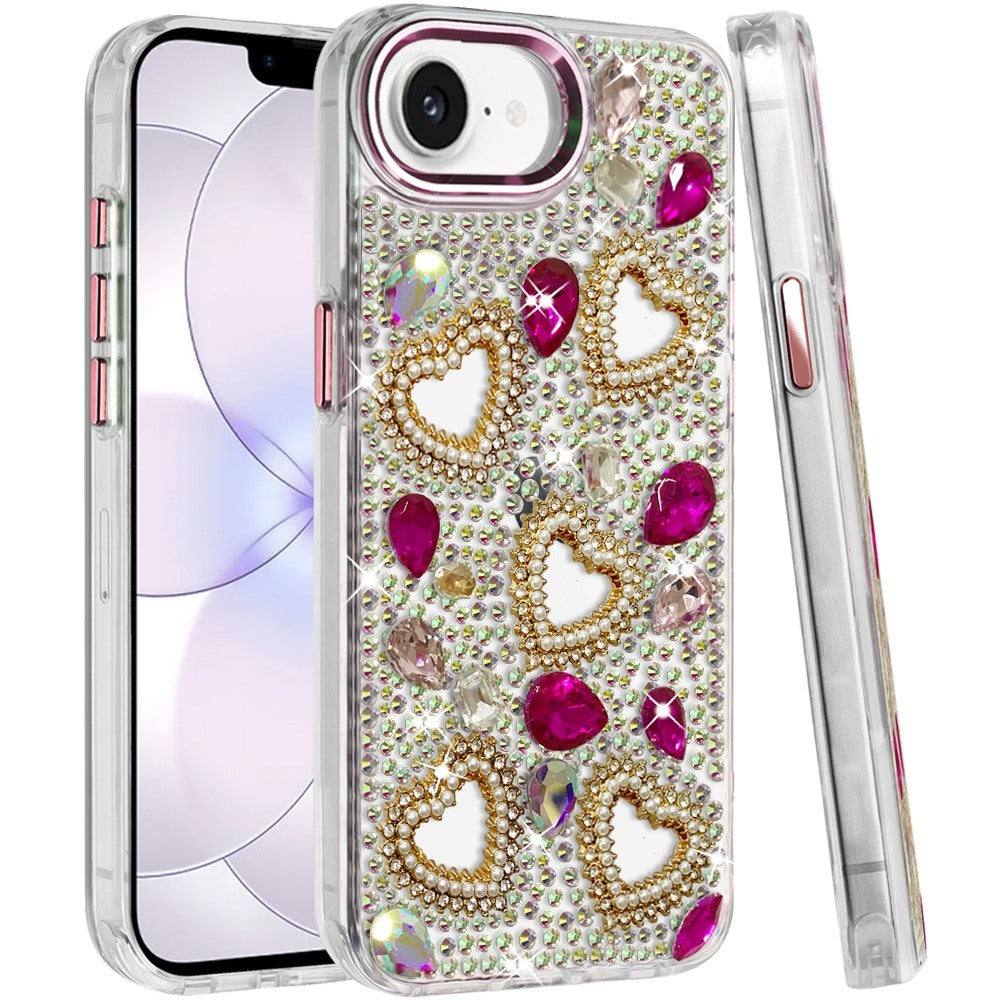 Phone Case for Apple iPhone 16 E (6.1") Luxury Crystal Heart Rhinestone Diamond Bling Shockproof Hybrid Glitter Protective Stylish Durable Grip Cover