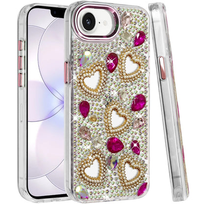 Phone Case for Apple iPhone 16 E (6.1") Luxury Crystal Heart Rhinestone Diamond Bling Shockproof Hybrid Glitter Protective Stylish Durable Grip Cover
