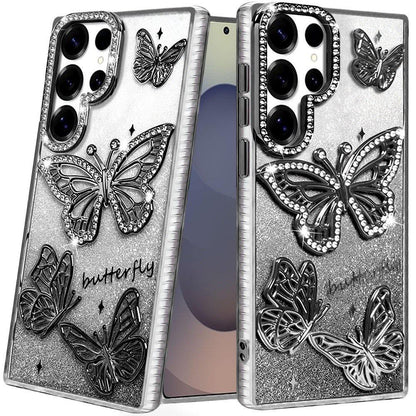 For Samsung Galaxy S26 Ultra Luxury Butterfly Sparkle Glitter Diamond Crystal Rhinestone Shimmer Bling Plating Thick TPU Hard PC Case Cover