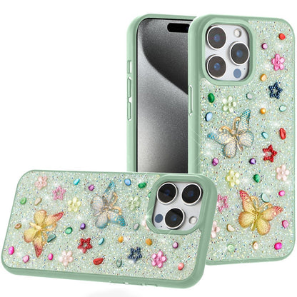 Phone Case for Apple iPhone 15 Pro Max 3D Butterfly Diamond Bling Glitter Shockproof Stylish Protective Luxury Hybrid Sparkly Durable Grip Design Cover Green