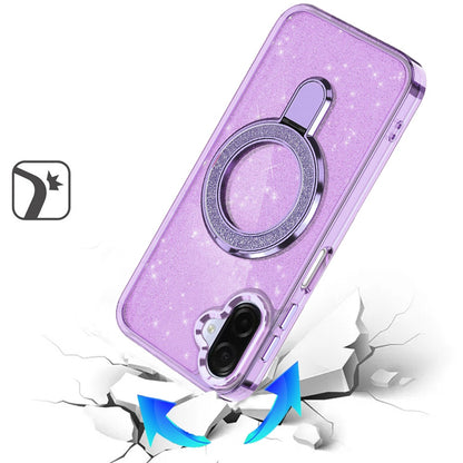 Phone Case for Samsung Galaxy A08 4G, A07 5G, A07 4G Transparent Glitter Bling Magnetic Ring Stand Shockproof Anti Slip Rotating Grip Protective Hybrid Durable Armor Cover