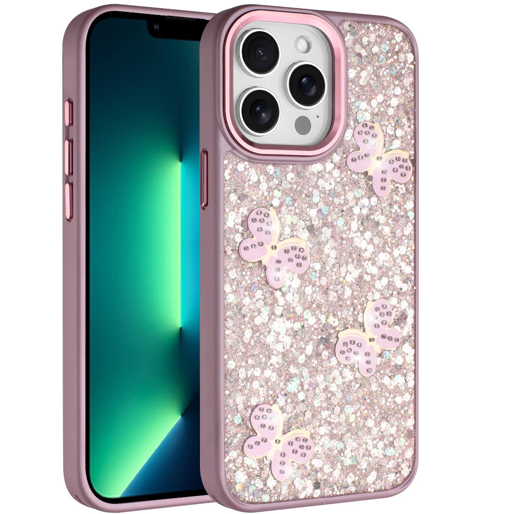 Phone Case for Apple iPhone 13 Pro Max Cute Butterfly Diamond Glitter Metallic Hybrid Shockproof Shimmer Grip Stylish Protective Luxury Designer Cover Pink