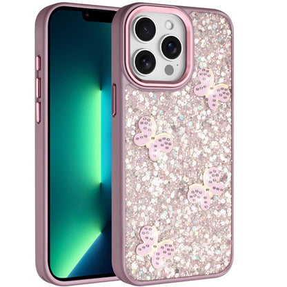 Phone Case for Apple iPhone 13 Pro Max Cute Butterfly Diamond Glitter Metallic Hybrid Shockproof Shimmer Grip Stylish Protective Luxury Designer Cover Pink