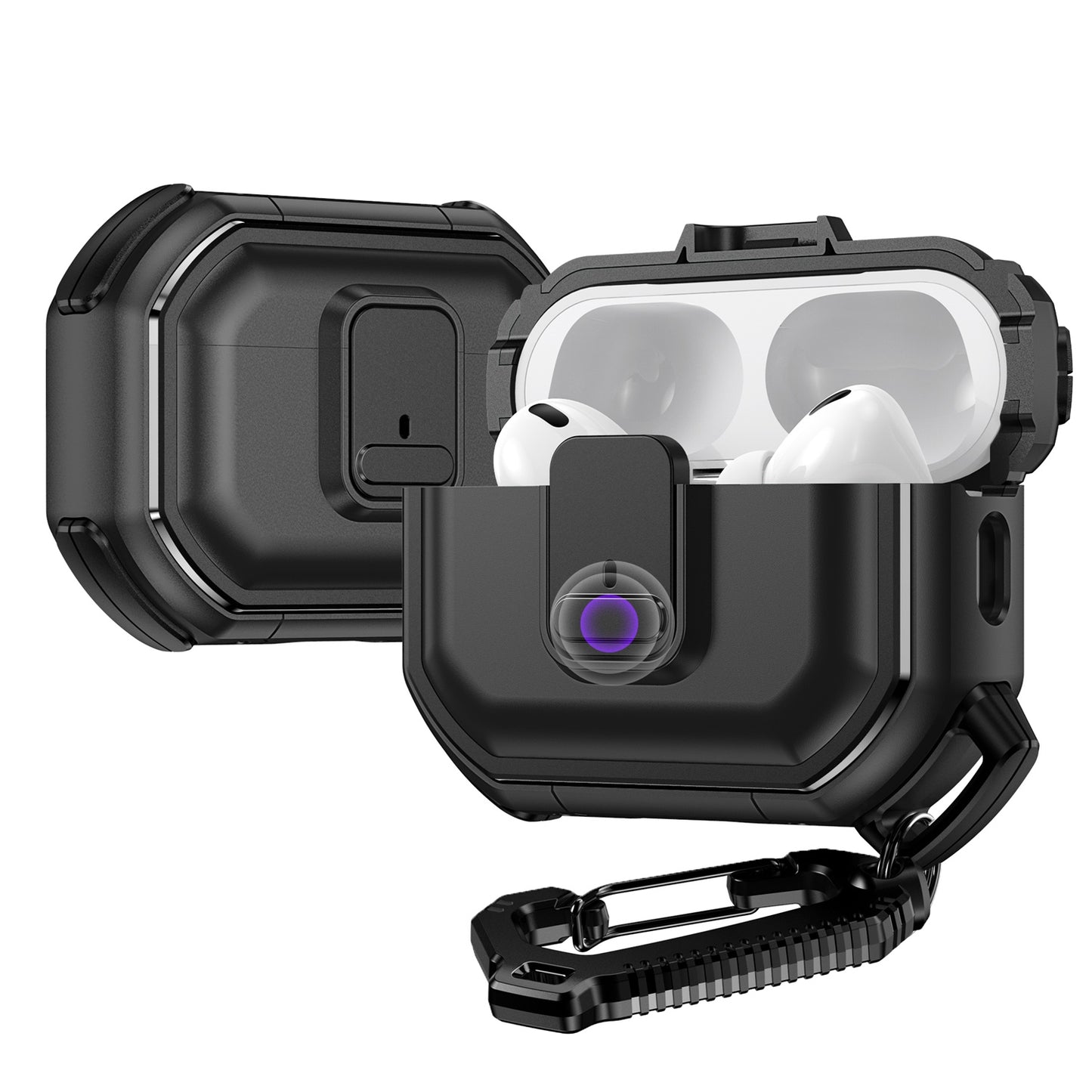 For Airpods 4 Heavy Duty Hybrid Snap Switch Button, Secure Lock Clip Super Protective with Carabiner Belt Loop Case Cover