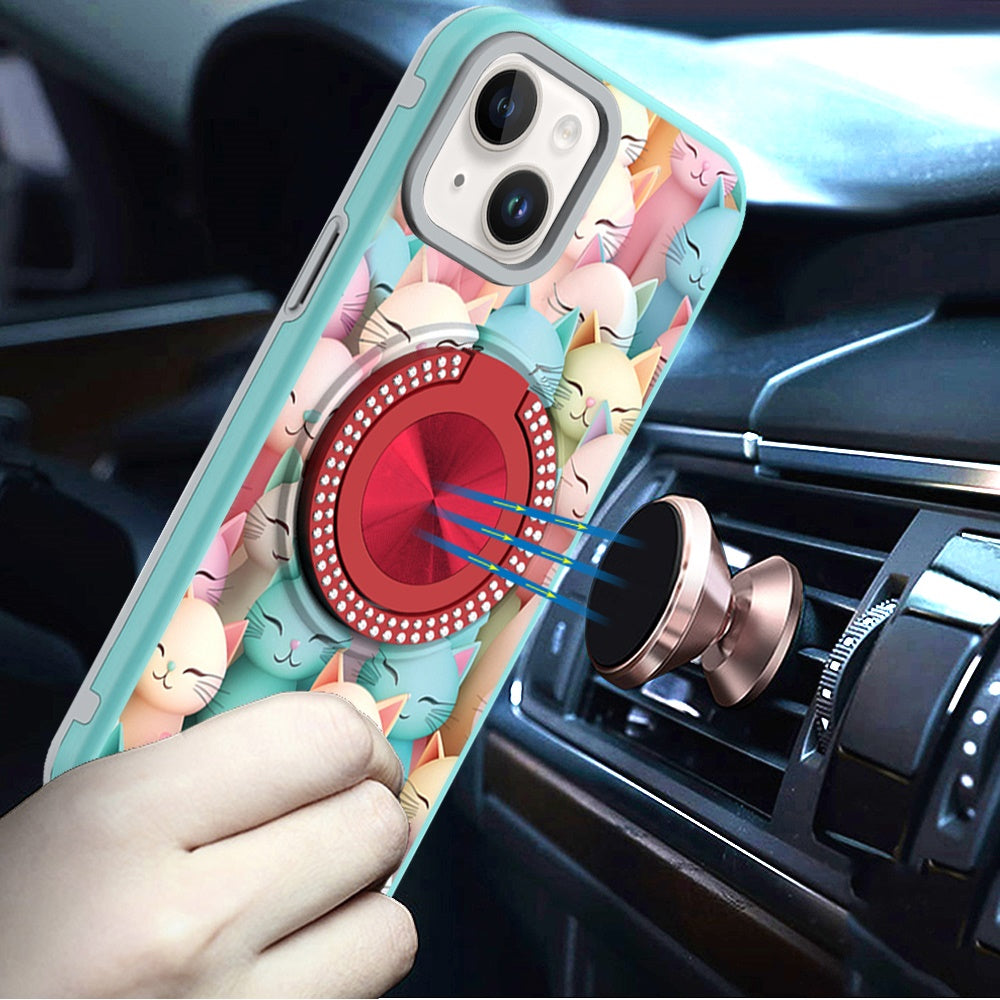 Phone Case for iPhone 15 Magnetic Ring Stand Matte Metal Hybrid Car Mount Friendly Shockproof Rotational Grip Diamond Design Pattern Cover