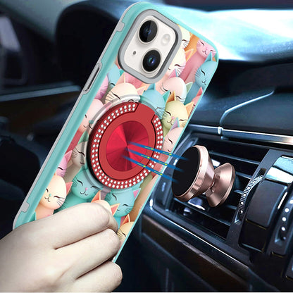 Phone Case for iPhone 15 Magnetic Ring Stand Matte Metal Hybrid Car Mount Friendly Shockproof Rotational Grip Diamond Design Pattern Cover