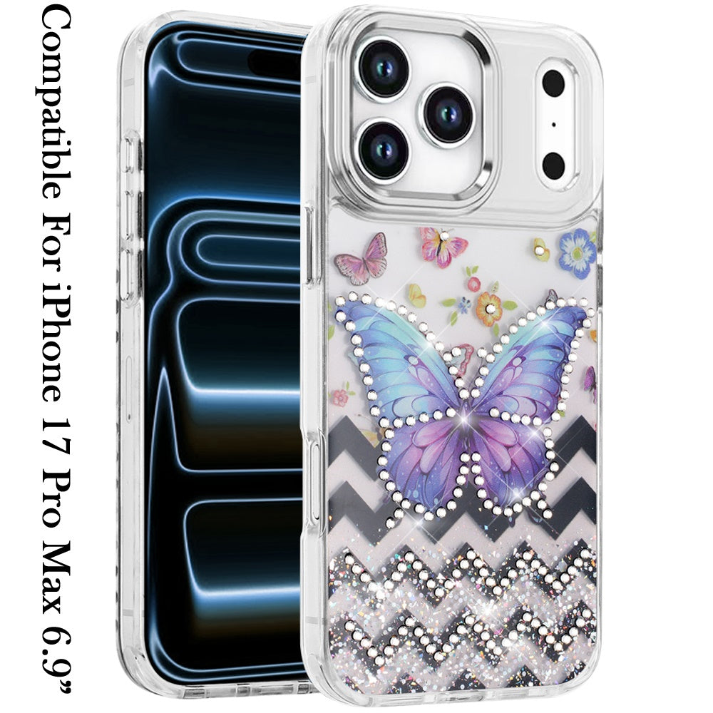 For Apple iPhone 17 Pro Max (6.9") Butterfly Resin Epoxy Diamond Design Metal Edged Hybrid Shockproof Heavy Duty Drop Protection Case Cover