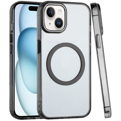 For iPhone 15 (6.1") Transparent Back Hybrid Case - Magnetic Circle, Color Frame, Metal Buttons, MagSafe Compatible Case Cover