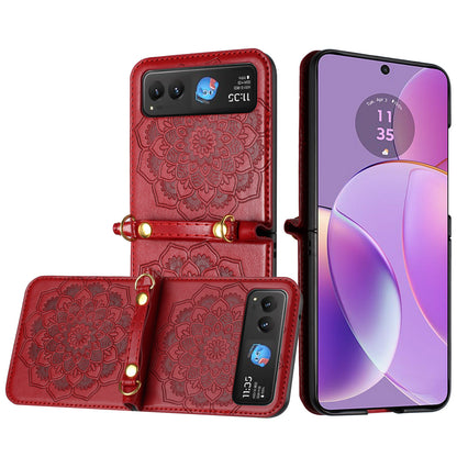 For Motorola Razr Ultra 2025 Embossed Floral PU Leather Henna Mandala Design Flip Cover with Strap, Hybrid Protective Case Cover