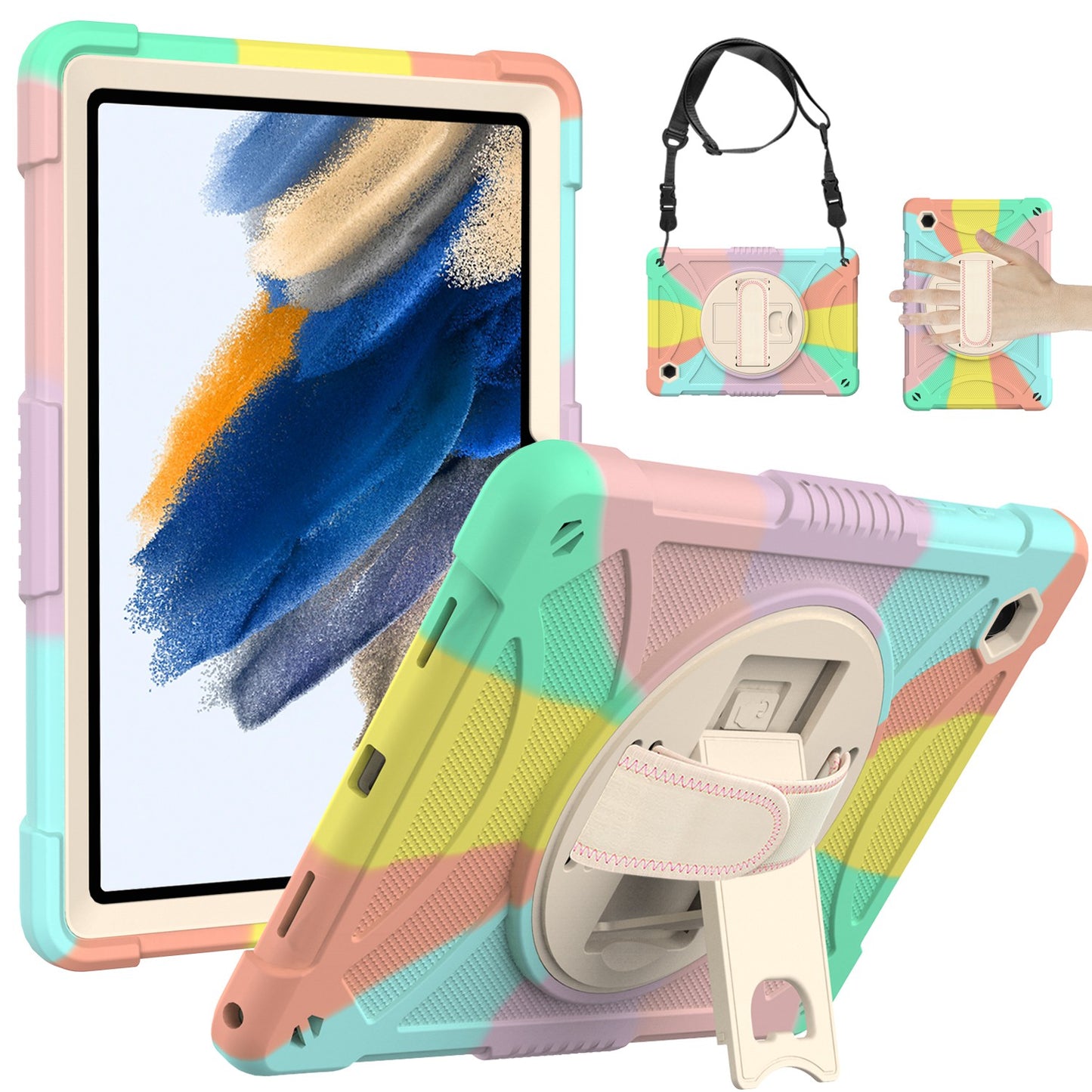For 3-in-1 Tough Hybrid Shockproof Protector Silicone TPU with Pencil Holder, Kickstand, Hand & Shoulder Strap Colorful Rainbow Tablet Case Cover