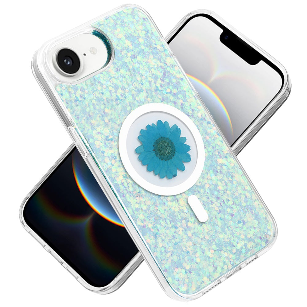 For Apple iPhone 16e MagSafe Compatible Glitter Flower Epoxy Hybrid Slim TPU Case, Magnetic Circle Design, Sparkly Bling Protective Case Cover