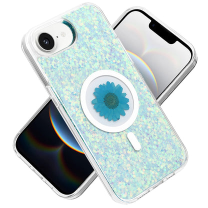 For Apple iPhone 16e MagSafe Compatible Glitter Flower Epoxy Hybrid Slim TPU Case, Magnetic Circle Design, Sparkly Bling Protective Case Cover