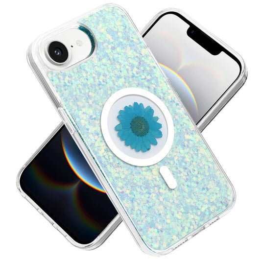 For Apple iPhone 17E /16E MagSafe Compatible Glitter Flower Epoxy Hybrid Slim TPU Case, Magnetic Circle Design, Sparkly Bling Protective Case Cover