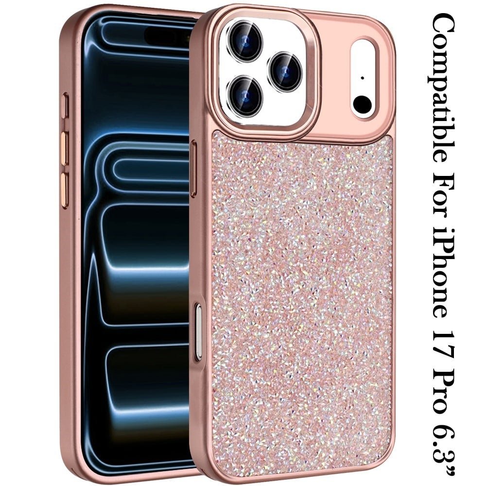 For Apple iPhone 17 Pro (6.3") Crystal Sparkle Diamond Glass Full Mini Glitter Bling Frame TPU Hybrid Protective Case Cover