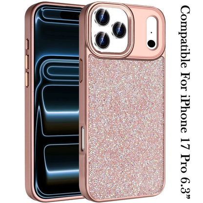 For Apple iPhone 17 Pro (6.3") Crystal Sparkle Diamond Glass Full Mini Glitter Bling Frame TPU Hybrid Protective Case Cover