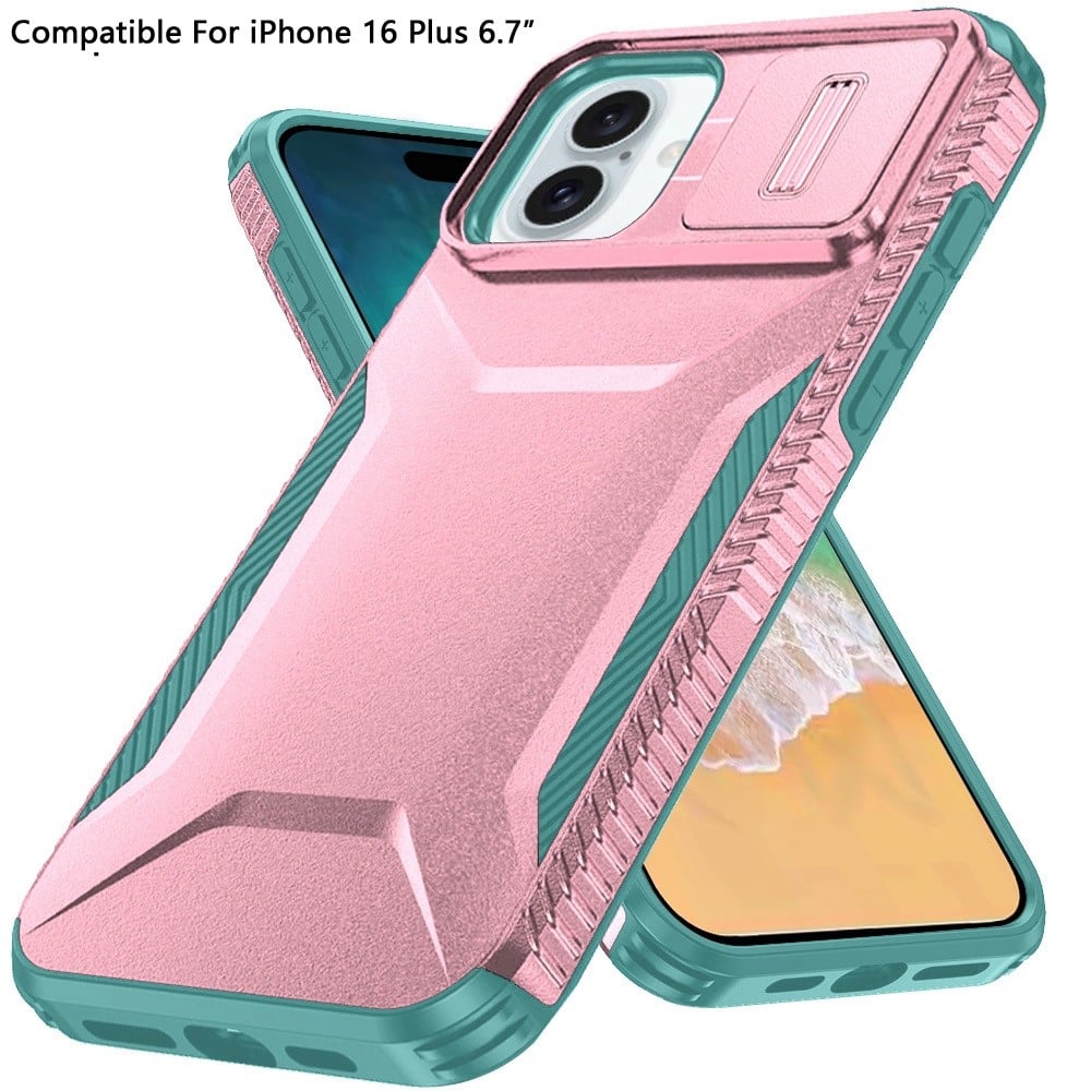 For Apple iPhone 16 Plus Slim Fit Shockproof Hybrid with Slide Camera Window Covering, Rugged Tpu Silicone Hard PC Bumper Case Cover Pink-Teal