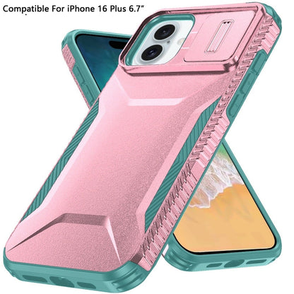 For Apple iPhone 16 Plus Slim Fit Shockproof Hybrid with Slide Camera Window Covering, Rugged Tpu Silicone Hard PC Bumper Case Cover Pink-Teal