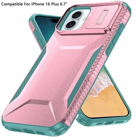 For Apple iPhone 16 Plus Slim Fit Shockproof Hybrid with Slide Camera Window Covering, Rugged Tpu Silicone Hard PC Bumper Case Cover Pink-Teal
