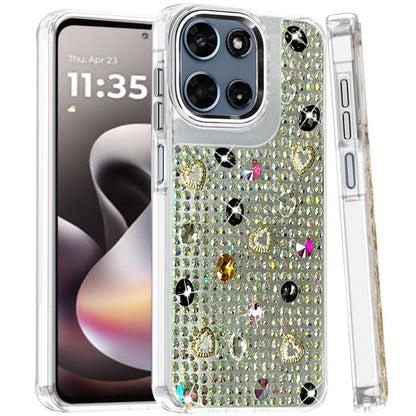 Phone Case for Motorola Moto G Stylus 5G 2026 /2025 Chrome Fashion Hybrid Bling Diamond Heart Rhinestone Decorative Stones Sparkling Embellished Design Cover