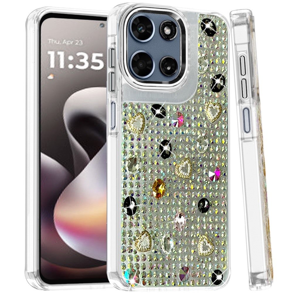 Phone Case for Motorola Moto G Stylus 5G 2026 /2025 Chrome Fashion Hybrid Bling Diamond Heart Rhinestone Decorative Stones Sparkling Embellished Design Cover