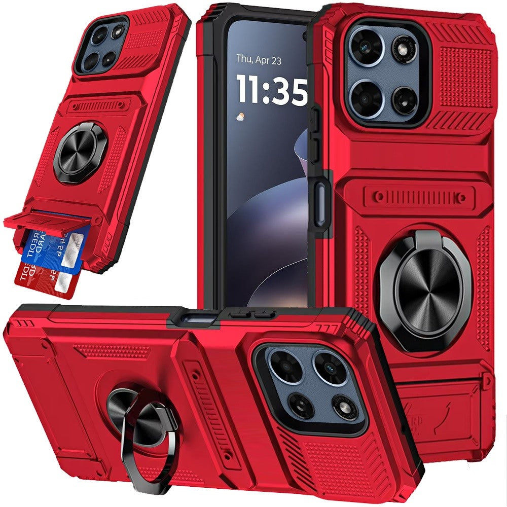 For Motorola Moto G Play 5G 2026 2X Card Slot Metal Ring Stand Hybrid Shockproof Heavy Duty Drop Protection Multi Functional Design Case Cover Red