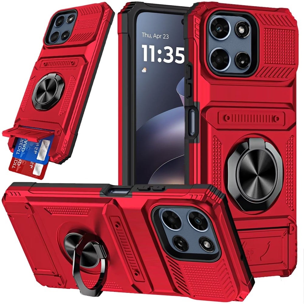 For Motorola Moto G 5G 2026/2025 2X Card Slot Metal Ring Stand Hybrid Shockproof Heavy Duty Drop Protection Multi Functional Design Case Cover Black