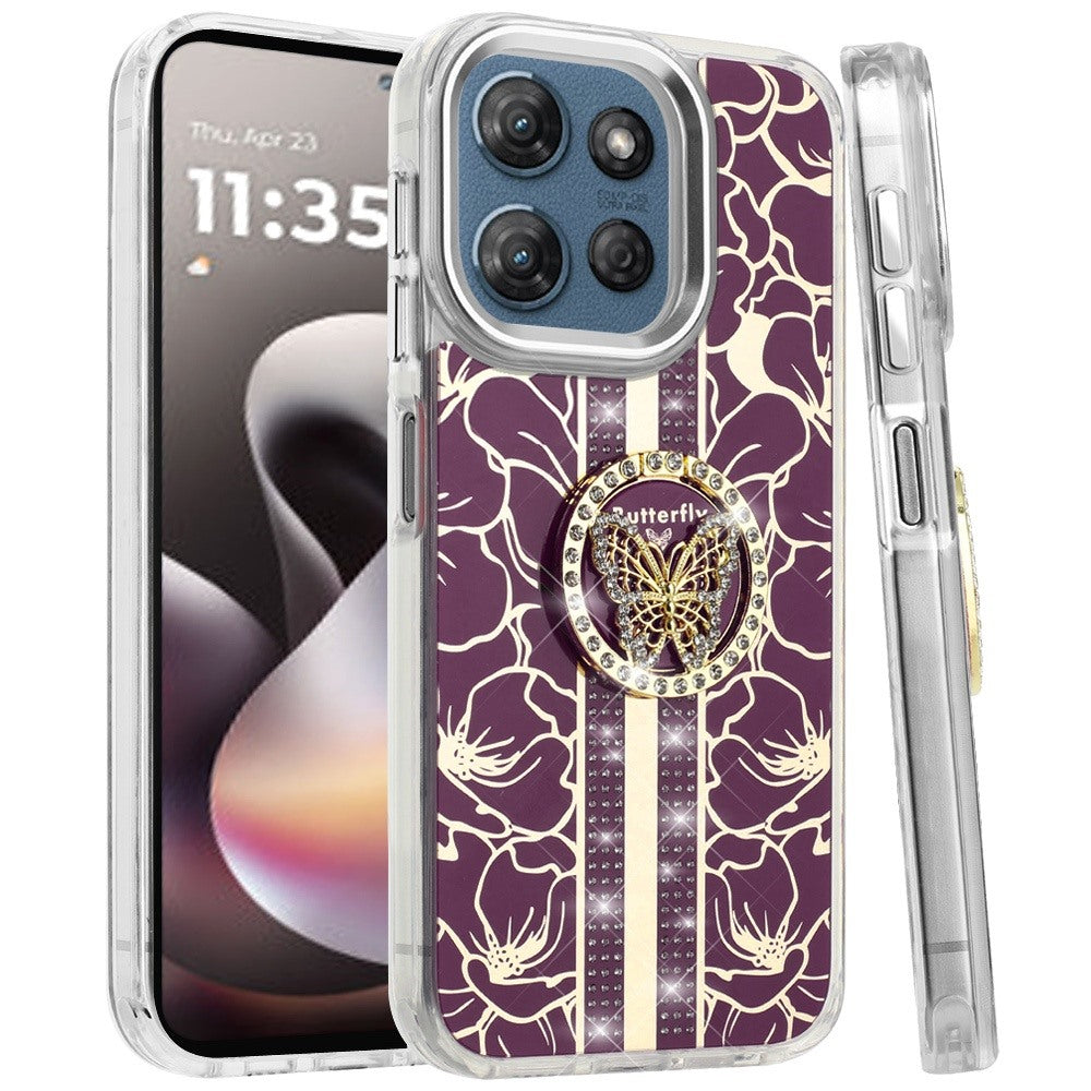 Phone Case for Moto G Stylus 5G 2026, Moto G Stylus 5G 2025 Floral Butterfly Ring Stand Glitter Bling Shockproof Hybrid Luxury Fashion Protective Anti Slip Durable Grip Cover Purple