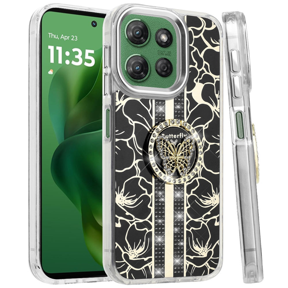 For Samsung Galaxy S26+ / S26 Plus Diamonds 3D Butterfly Floral Design Bling Sparkly Glitter Hybrid Metal Fashion with Ring Stand Case Cover