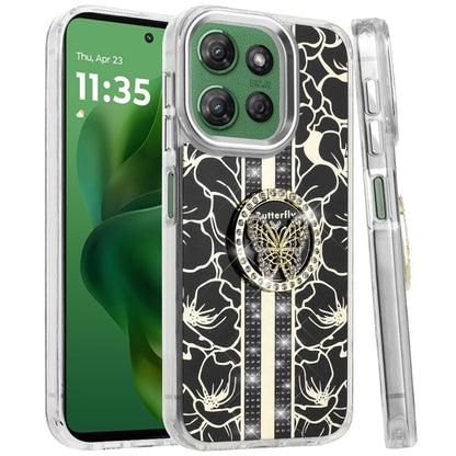 For Samsung Galaxy S26+ / S26 Plus Diamonds 3D Butterfly Floral Design Bling Sparkly Glitter Hybrid Metal Fashion with Ring Stand Case Cover