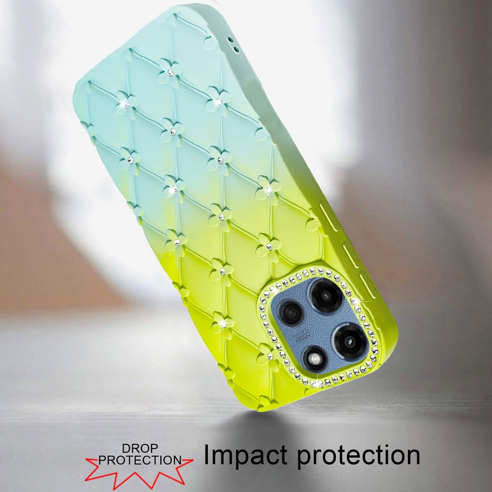 For Motorola Moto G 5G 2026/2025 Fashion Flower Design Sparkle Glitter Shimmer Rhinestone Bling Floral Accents, Leather Texture TPU Case Cover Light Green/Teal