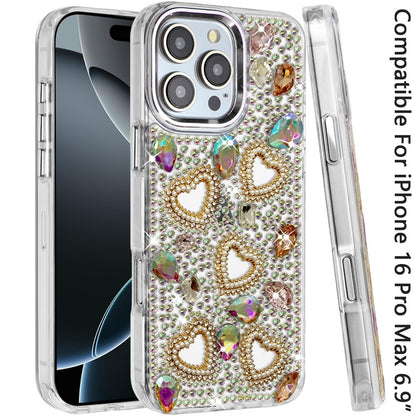 Phone Case for Apple iPhone 16 Pro Max Luxury Crystal Heart Rhinestone Diamond Bling Shockproof Hybrid Glitter Protective Stylish Durable Grip Cover