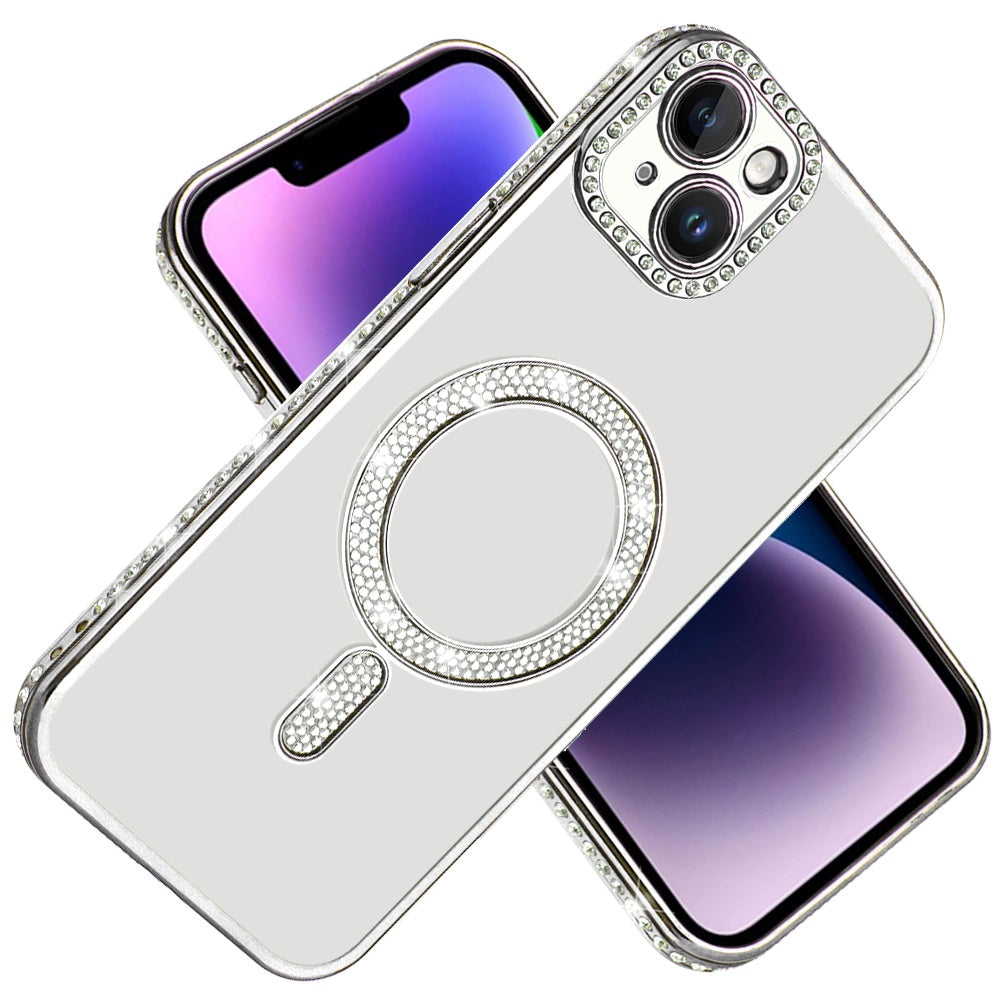 For Apple iPhone 14 /13 Bling Case with Diamond Magnetic Circle, Transparent Slim Shockproof Hybrid Slim Fit Case Cover