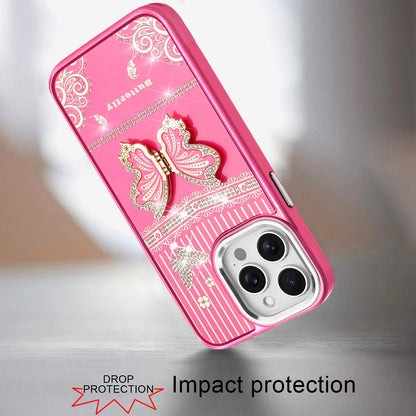 Phone Case for Apple iPhone 13 Pro Max Glitter Bling Butterfly Stand Metallic Edge Hybrid Shockproof Grip Durable Camera Protection Stylish Design Cover Hotpink