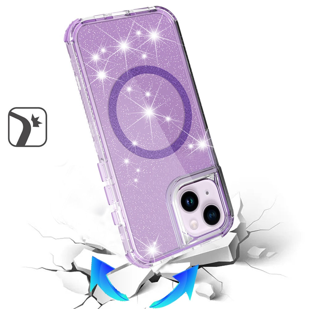 For Apple iPhone 14 / iPhone 13 (6.1") Magnetic Ring Circle Glitter Bling Sparkle 3in1 Hybrid [Compatible with Magsafe] Clear Shockproof Case Cover