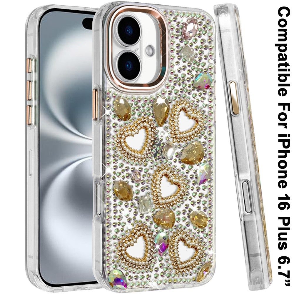 Phone Case for Apple iPhone 16 Plus Luxury Crystal Heart Rhinestone Diamond Bling Shockproof Hybrid Glitter Protective Stylish Durable Grip Cover