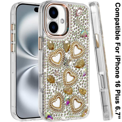 Phone Case for Apple iPhone 16 Plus Luxury Crystal Heart Rhinestone Diamond Bling Shockproof Hybrid Glitter Protective Stylish Durable Grip Cover