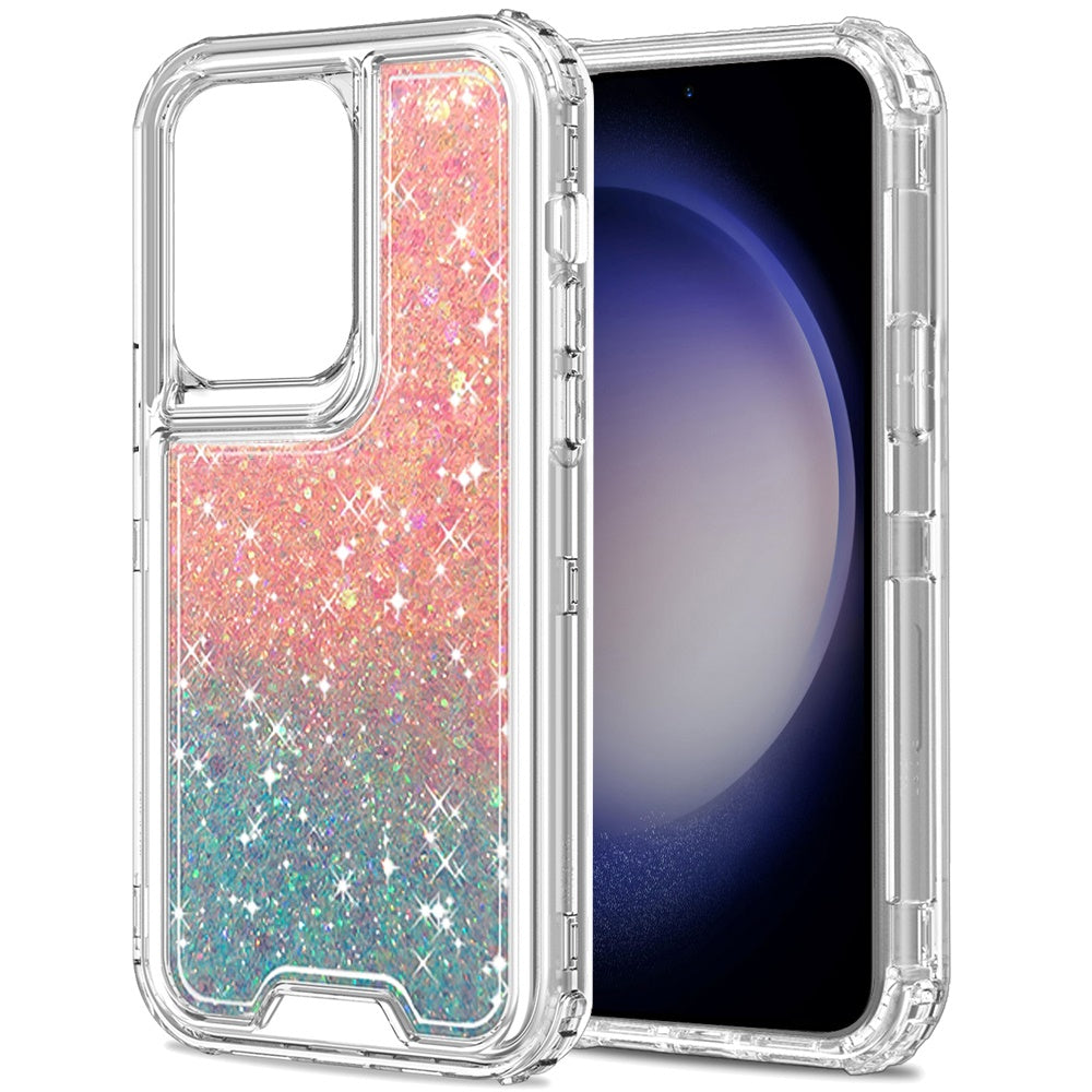 For Samsung Galaxy S24 Epoxy Bling Glitter Sparkly 3-in-1 Transparent Hybrid Full-Body Shockproof PC Bumper Case Cover Pink + Light Blue