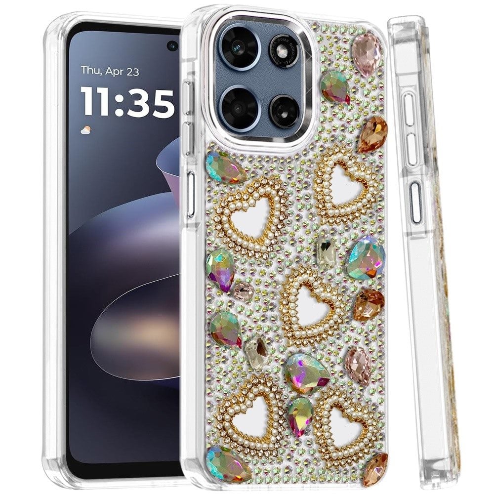 Phone Case for Motorola Moto G Play 5G 2026 Luxury Crystal Heart Rhinestone Diamond Bling Shockproof Hybrid Glitter Protective Stylish Durable Grip Cover