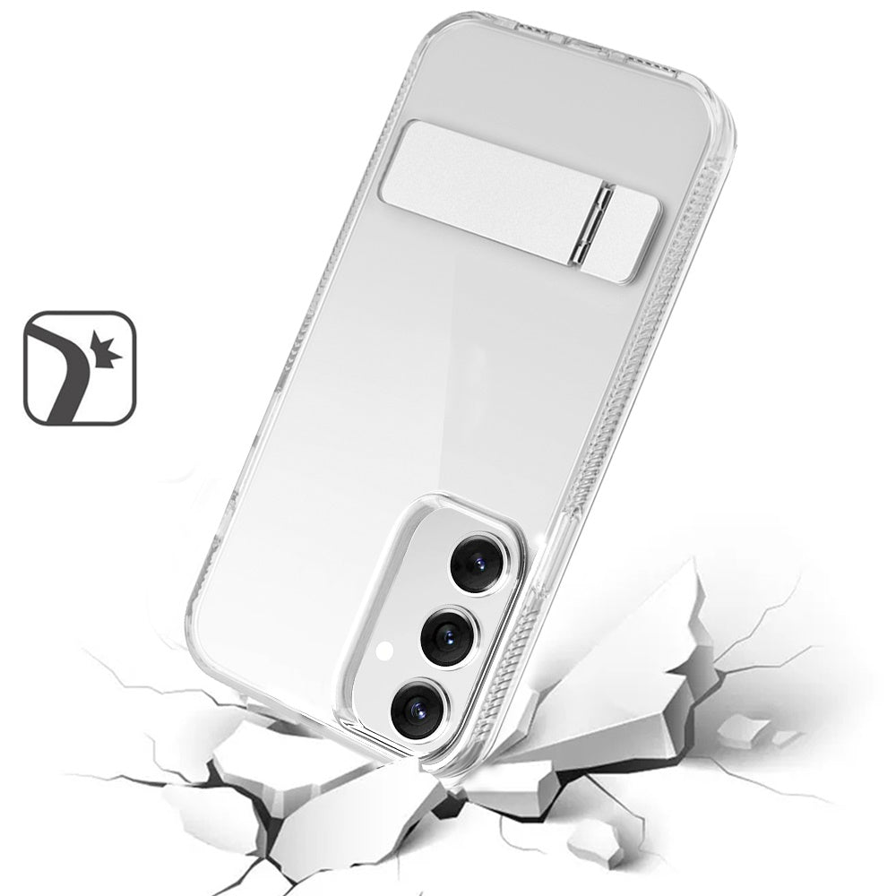 For Samsung Galaxy S25 /S24 Transparent with Sturdy Metal Kickstand Hybrid Dual Layer Tough Shock-Absorbent Slim Fit Hard PC + TPU Case Cover Clear