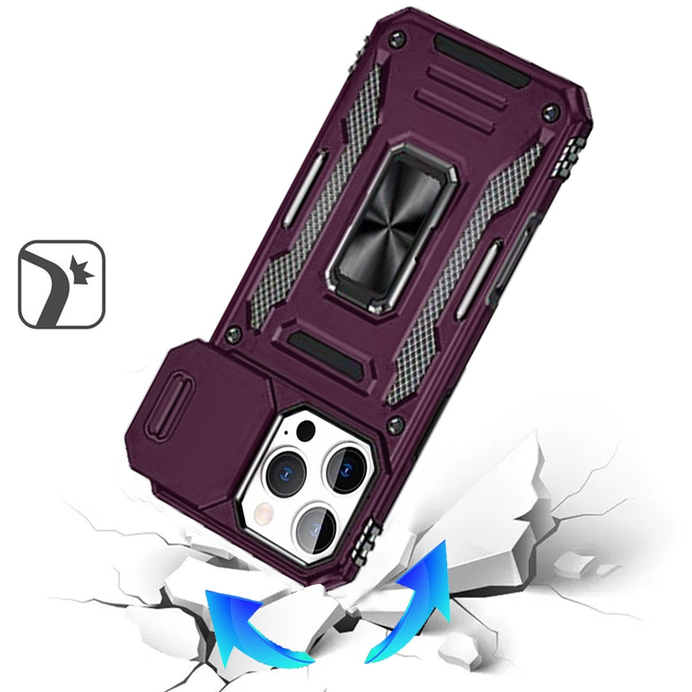 Phone Case for iPhone 16 Pro Max Tough Metal Ring Shockproof Sliding Camera Window Hybrid Armor Rugged Anti Slip Heavy Duty Grip Cover Purple