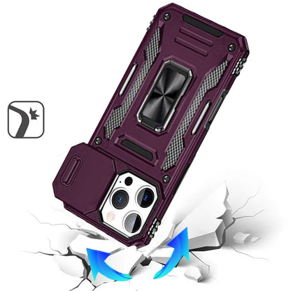 Phone Case for iPhone 16 Pro Max Tough Metal Ring Shockproof Sliding Camera Window Hybrid Armor Rugged Anti Slip Heavy Duty Grip Cover Purple