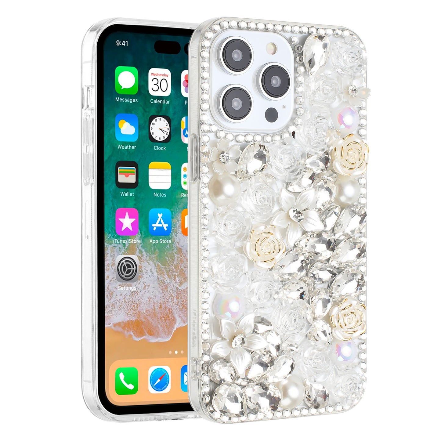 For Apple iPhone 16 Pro (6.3") Fashion Rose Flower Floral Bling Crystal 3D Full Diamonds Pearl Sparkle Rhinestone Glitter Hybrid Case Cover