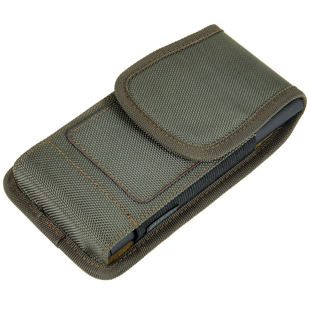 For Apple iPhone 16 Pro (6.3") Universal Nylon Pouch Case Vertical Phone Holster with Dual Card Slots, Pen Holder, Belt Clip Loop & Hook Cover [Green]